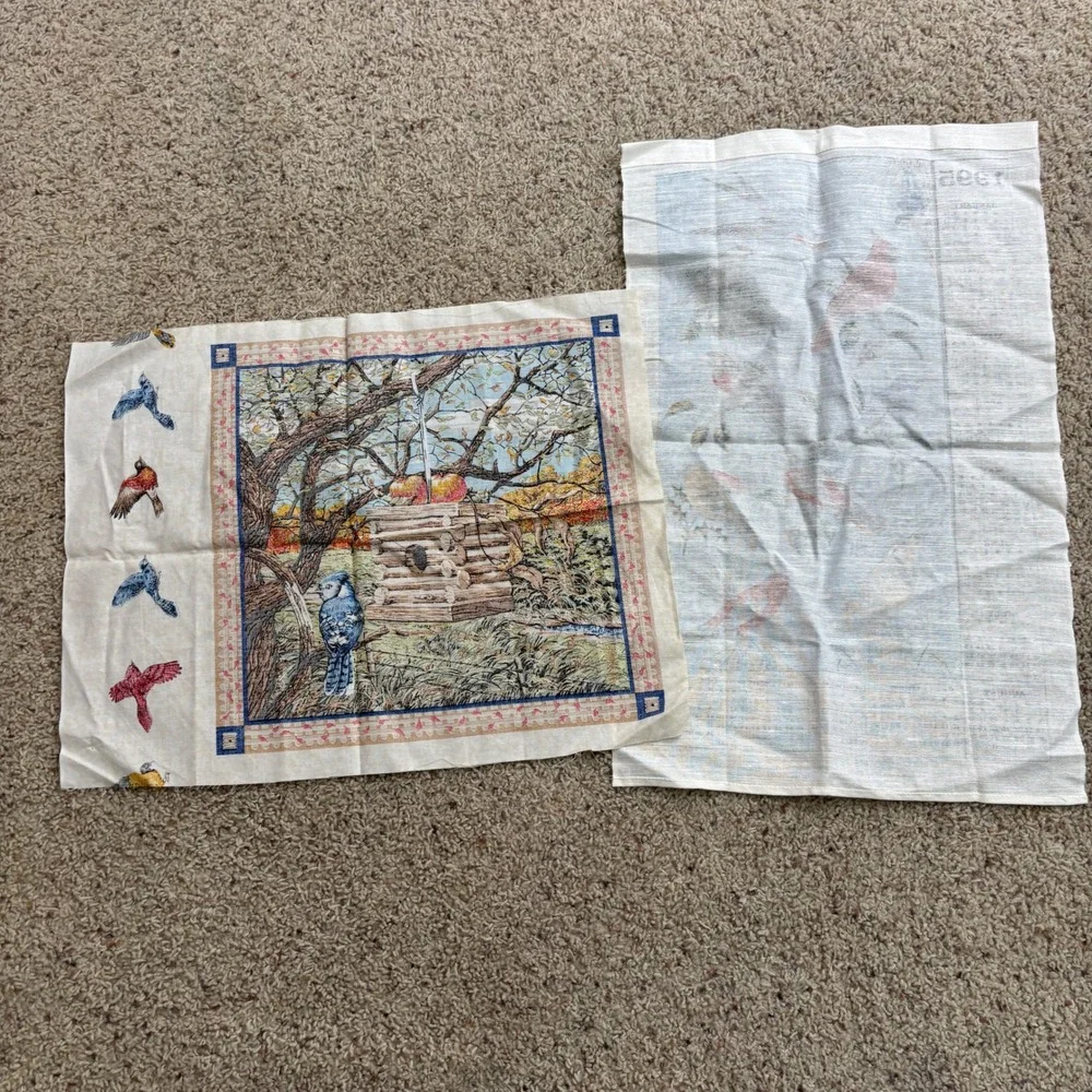 Vintage Bird Fabric Lot - 90s Calendar Blue Jay Cardinal Swallow Autumn Crafting
